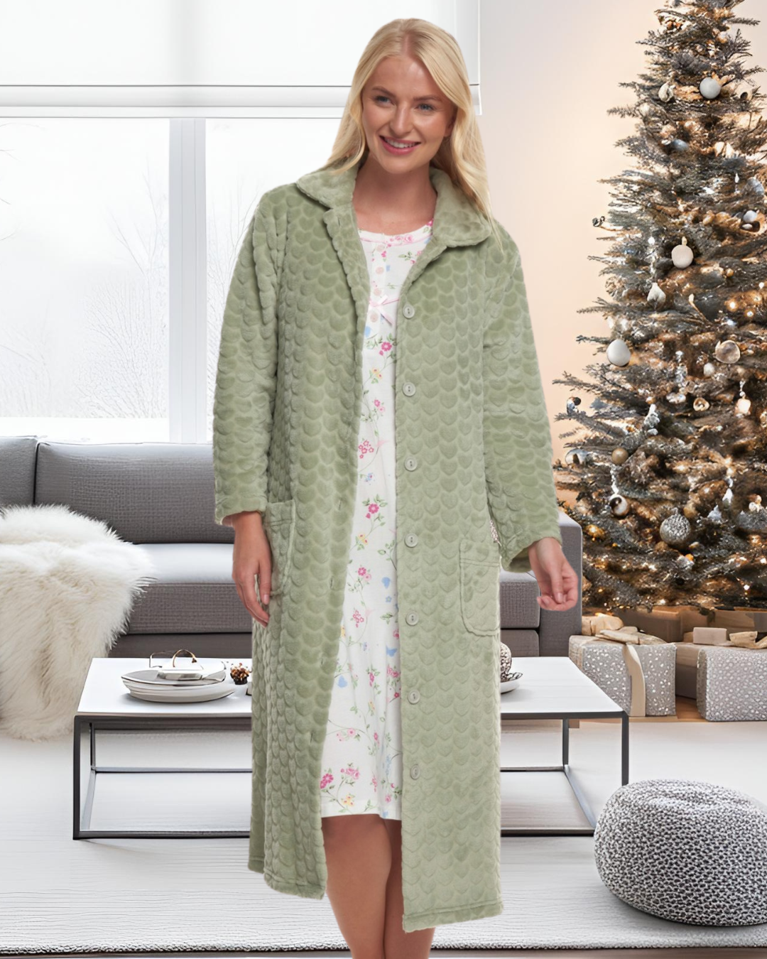 Women's Embossed Fleece Button Up Dressing Gown with Front Pockets