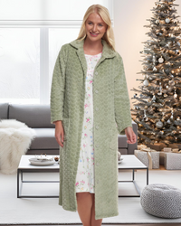 Women's Embossed Fleece Button Up Dressing Gown with Front Pockets