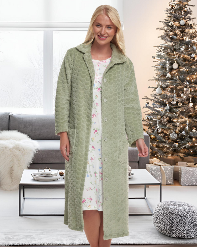 Women's Embossed Fleece Button Up Dressing Gown with Front Pockets