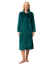 Women's Embossed Fleece Button Up Dressing Gown with Front Pockets