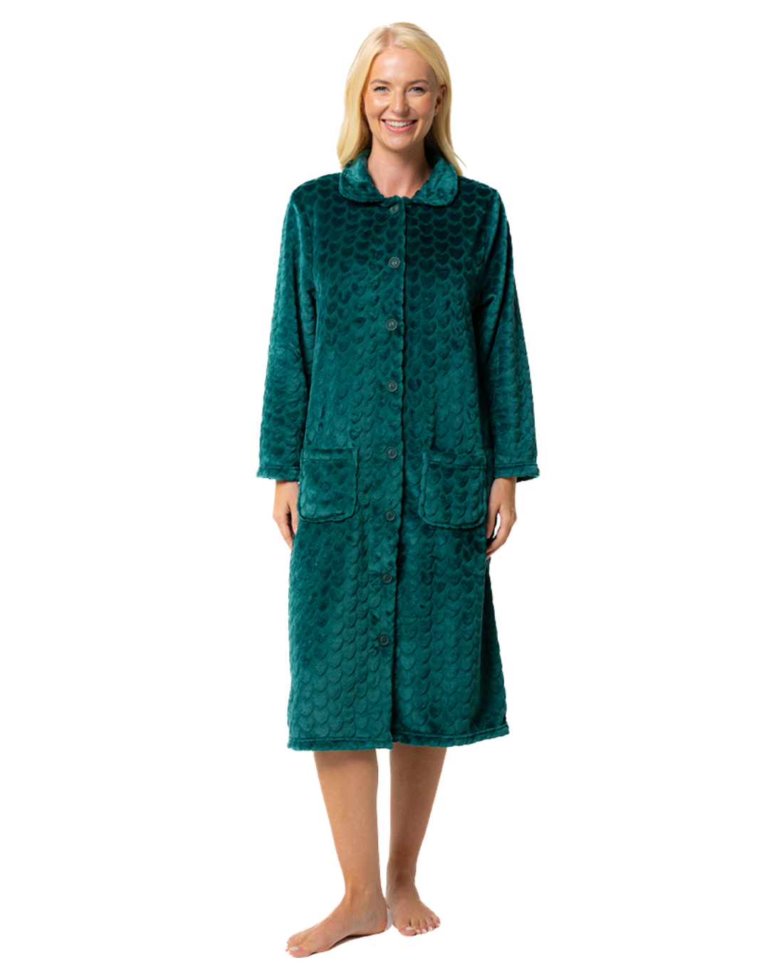 Women's Embossed Fleece Button Up Dressing Gown with Front Pockets