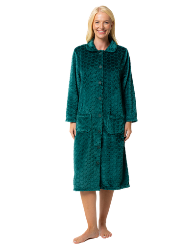 Women's Embossed Fleece Button Up Dressing Gown with Front Pockets
