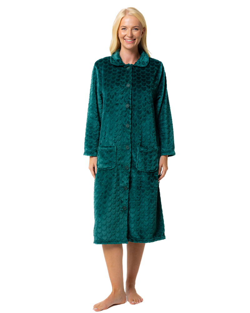 Women's Embossed Fleece Button Up Dressing Gown with Front Pockets