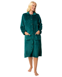 Women's Embossed Fleece Button Up Dressing Gown with Front Pockets