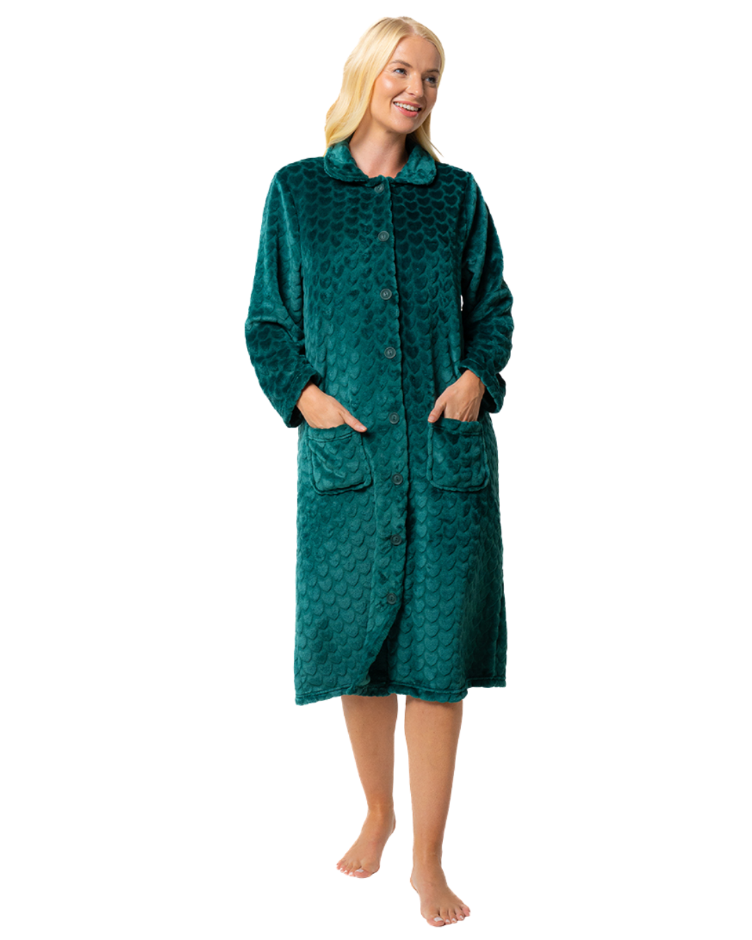 Women's Embossed Fleece Button Up Dressing Gown with Front Pockets
