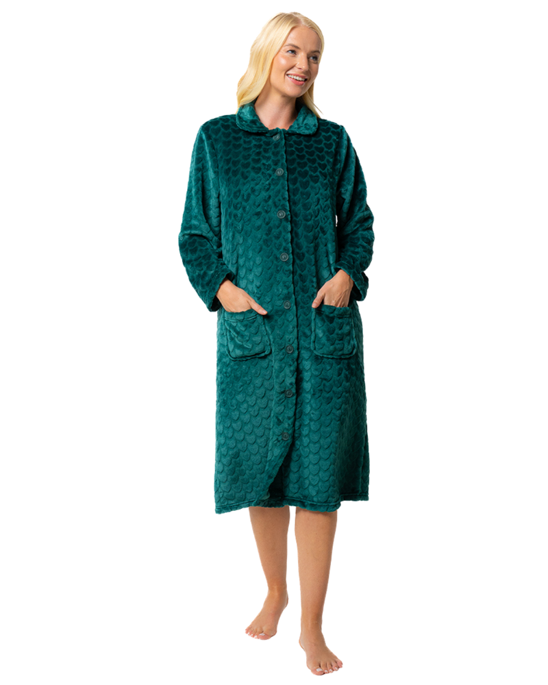 Women's Embossed Fleece Button Up Dressing Gown with Front Pockets