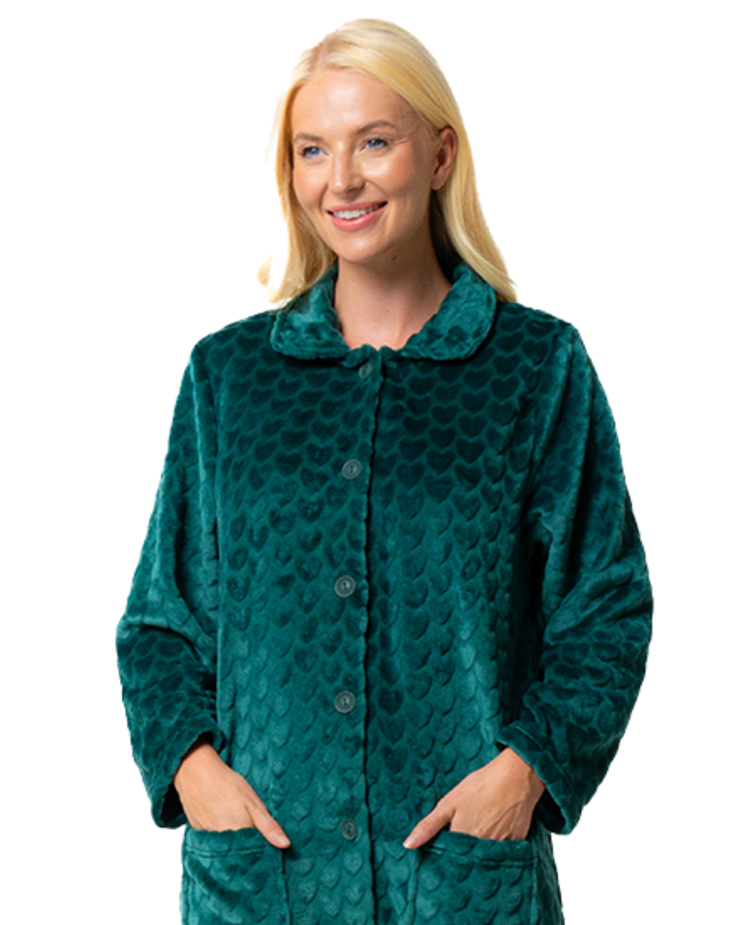 Women's Embossed Fleece Button Up Dressing Gown with Front Pockets
