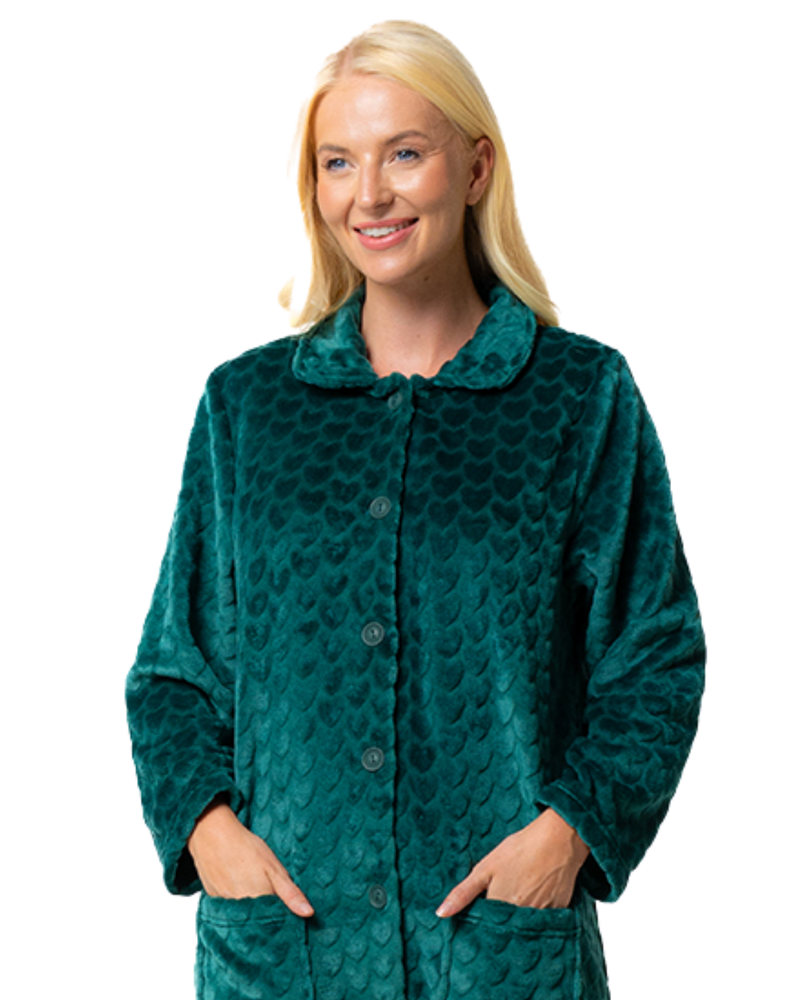 Women's Embossed Fleece Button Up Dressing Gown with Front Pockets