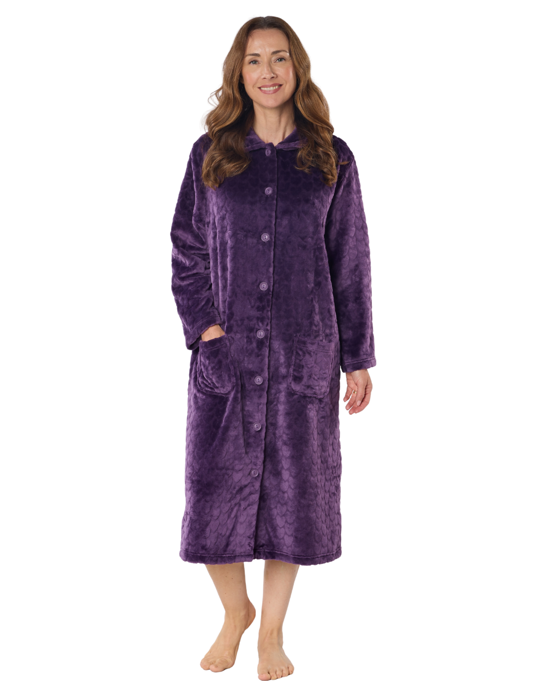 Women's Embossed Fleece Button Up Dressing Gown with Front Pockets
