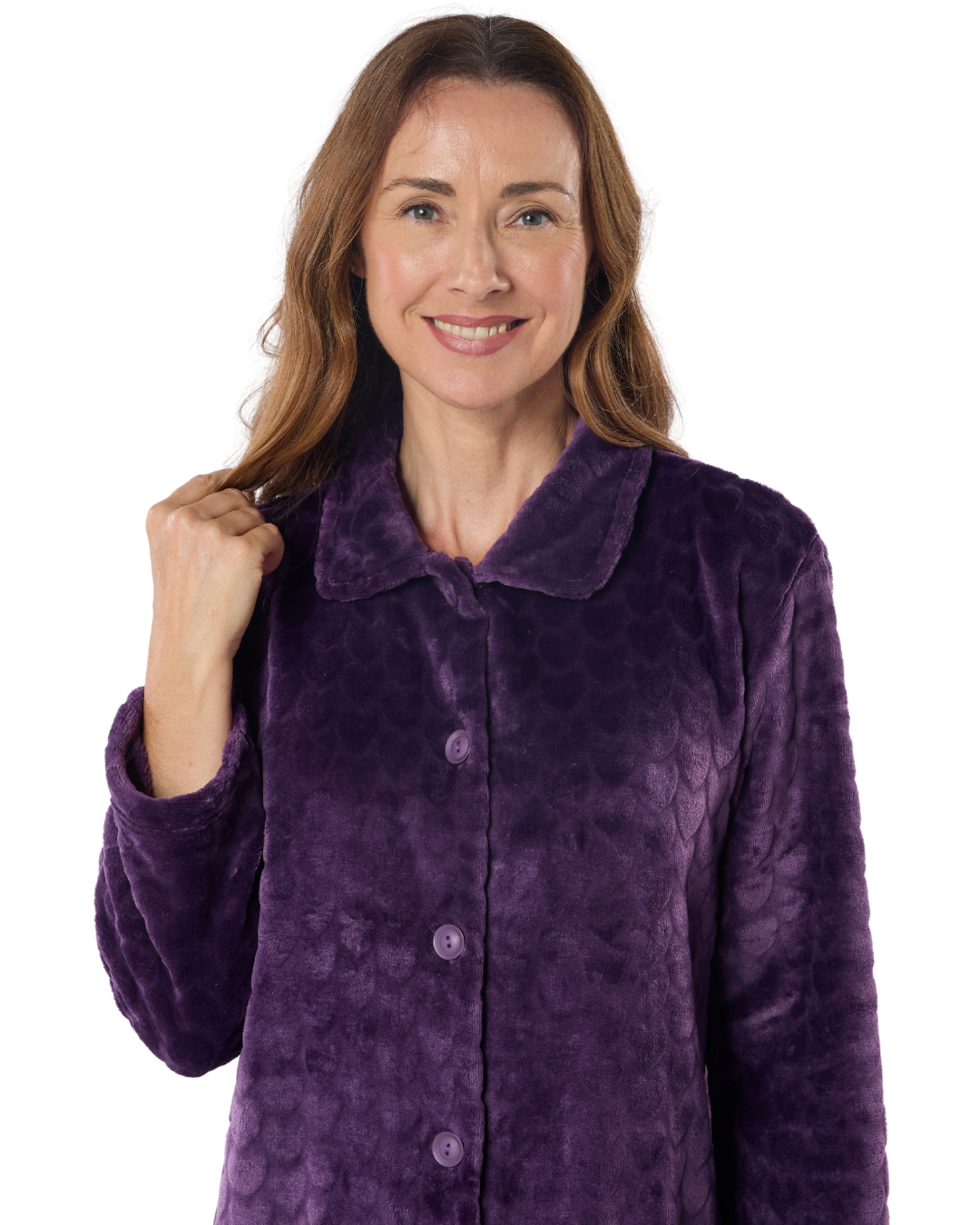 Women's Embossed Fleece Button Up Dressing Gown with Front Pockets
