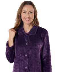 Women's Embossed Fleece Button Up Dressing Gown with Front Pockets