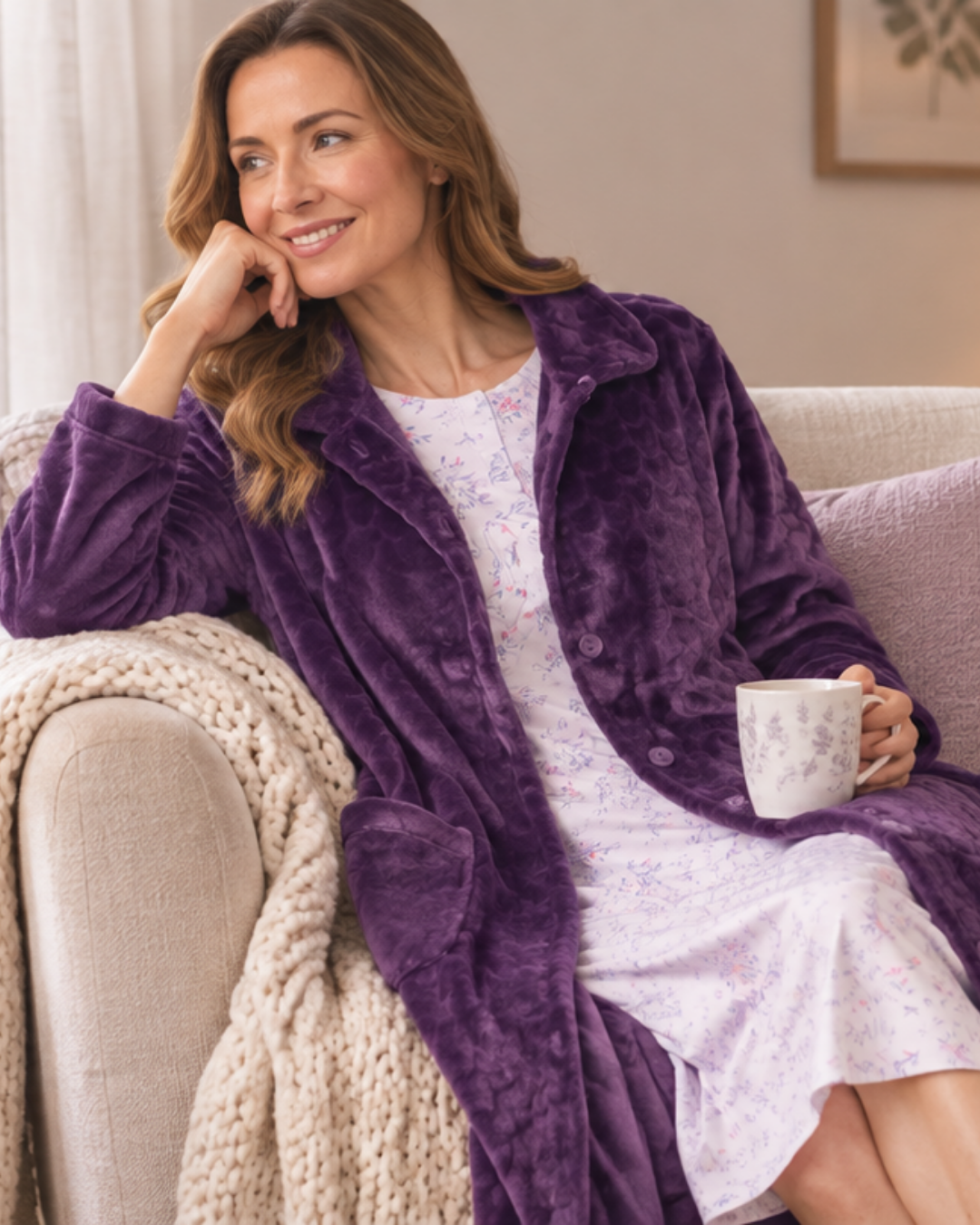 Women's Embossed Fleece Button Up Dressing Gown with Front Pockets