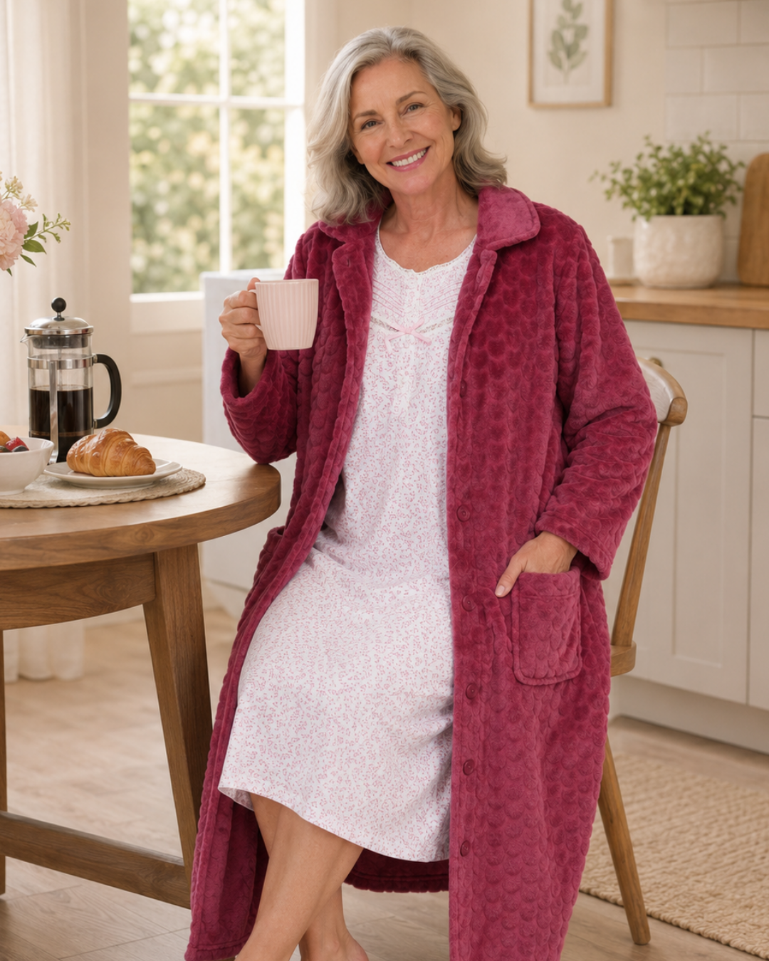 Women's Embossed Fleece Zip Dressing Gown with Front Pockets