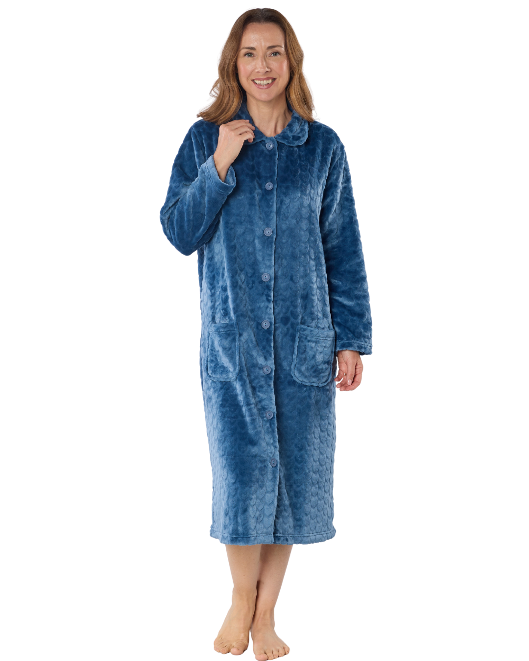 Women's Embossed Fleece Button Up Dressing Gown with Front Pockets – Suzy & Me Collection