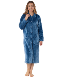 Women's Embossed Fleece Button Up Dressing Gown with Front Pockets