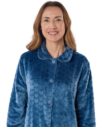 Women's Embossed Fleece Button Up Dressing Gown with Front Pockets