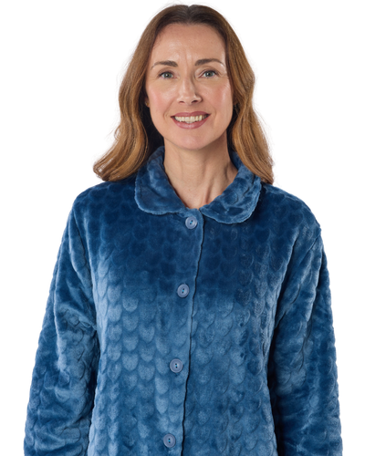 Women's Embossed Fleece Button Up Dressing Gown with Front Pockets