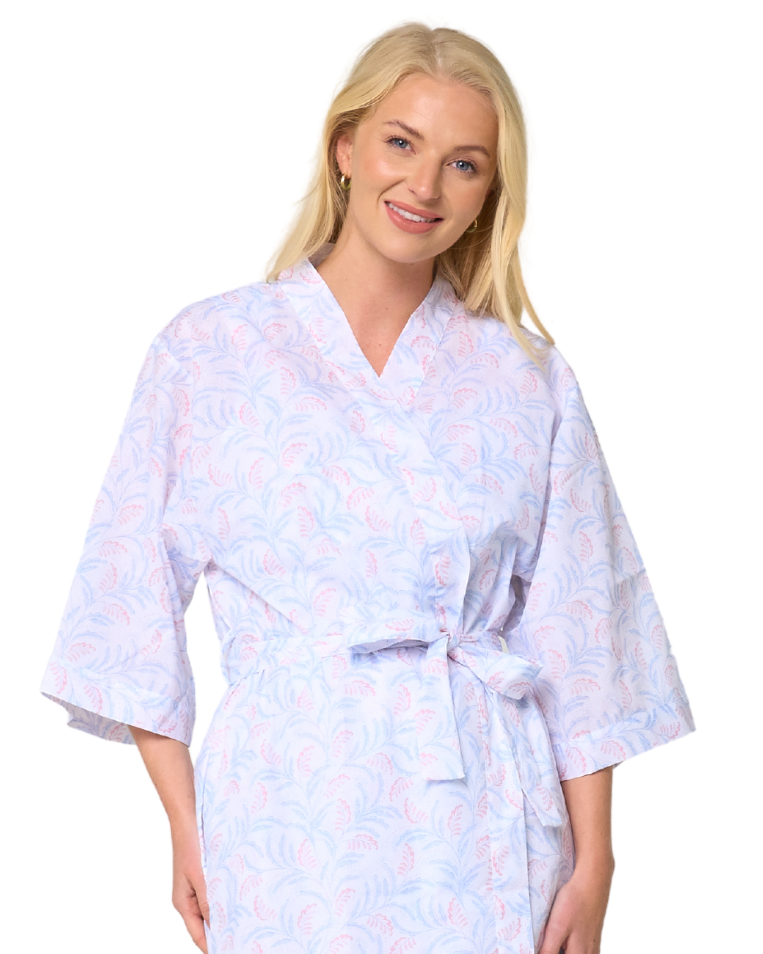 Women's Leaf Print Polycotton Lightweight 3/4 Sleeve Wrap Dressing Gown with Pockets