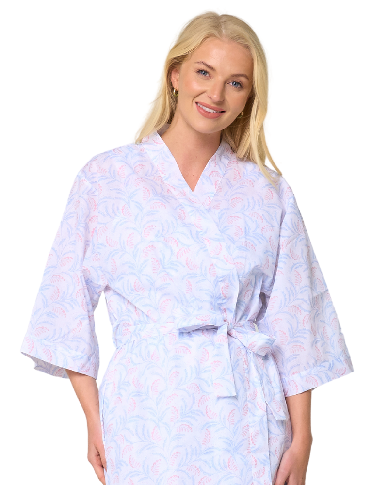 Women's Leaf Print Polycotton Lightweight 3/4 Sleeve Wrap Dressing Gown with Pockets