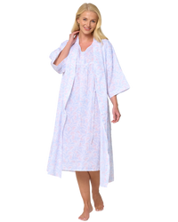 Women's Leaf Print Polycotton Lightweight 3/4 Sleeve Wrap Dressing Gown with Pockets
