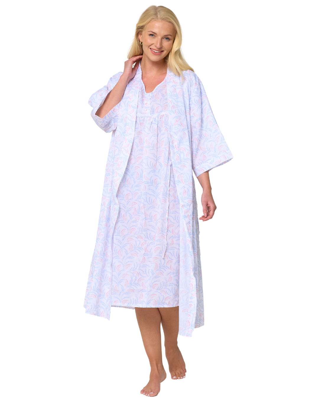 Women's Leaf Print Polycotton Lightweight 3/4 Sleeve Wrap Dressing Gown with Pockets