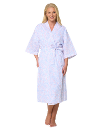 Women's Leaf Print Polycotton Lightweight 3/4 Sleeve Wrap Dressing Gown with Pockets