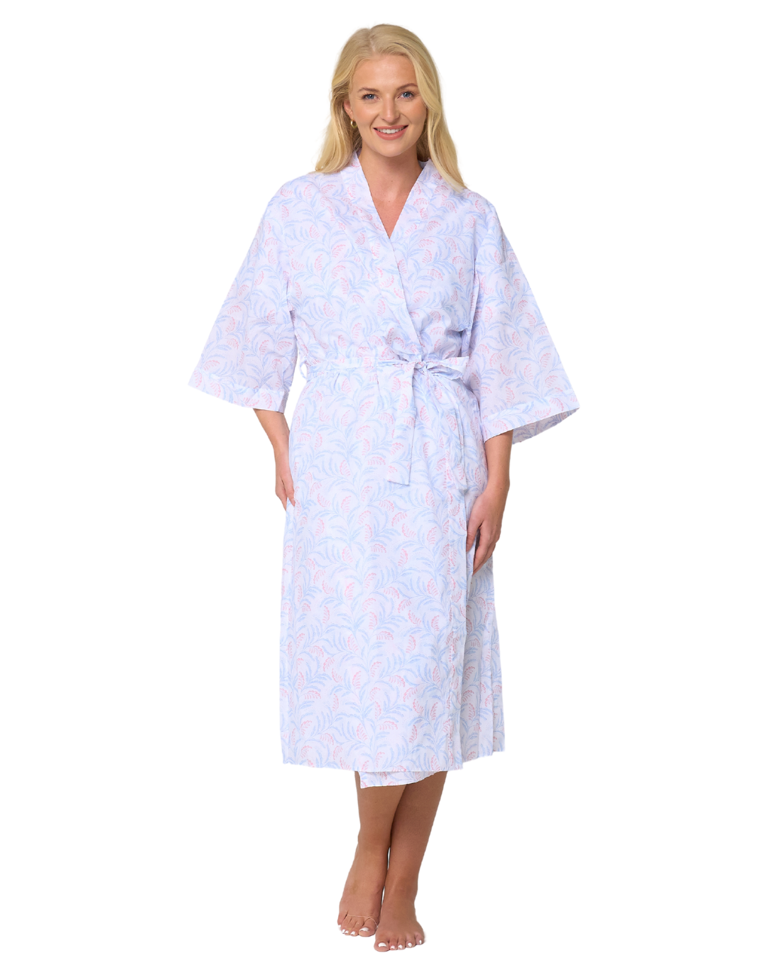 Women's Leaf Print Polycotton Lightweight 3/4 Sleeve Wrap Dressing Gown with Pockets