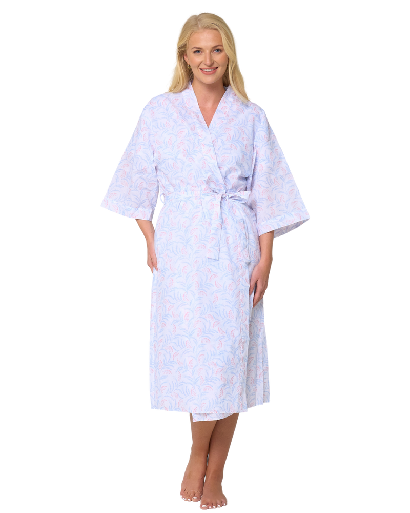Women's Leaf Print Polycotton Lightweight 3/4 Sleeve Wrap Dressing Gown with Pockets