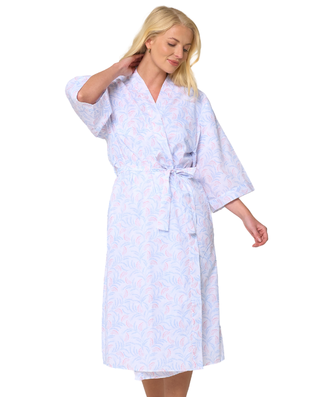 Women's Leaf Print Polycotton Lightweight 3/4 Sleeve Wrap Dressing Gown with Pockets