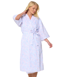 Women's Leaf Print Polycotton Lightweight 3/4 Sleeve Wrap Dressing Gown with Pockets
