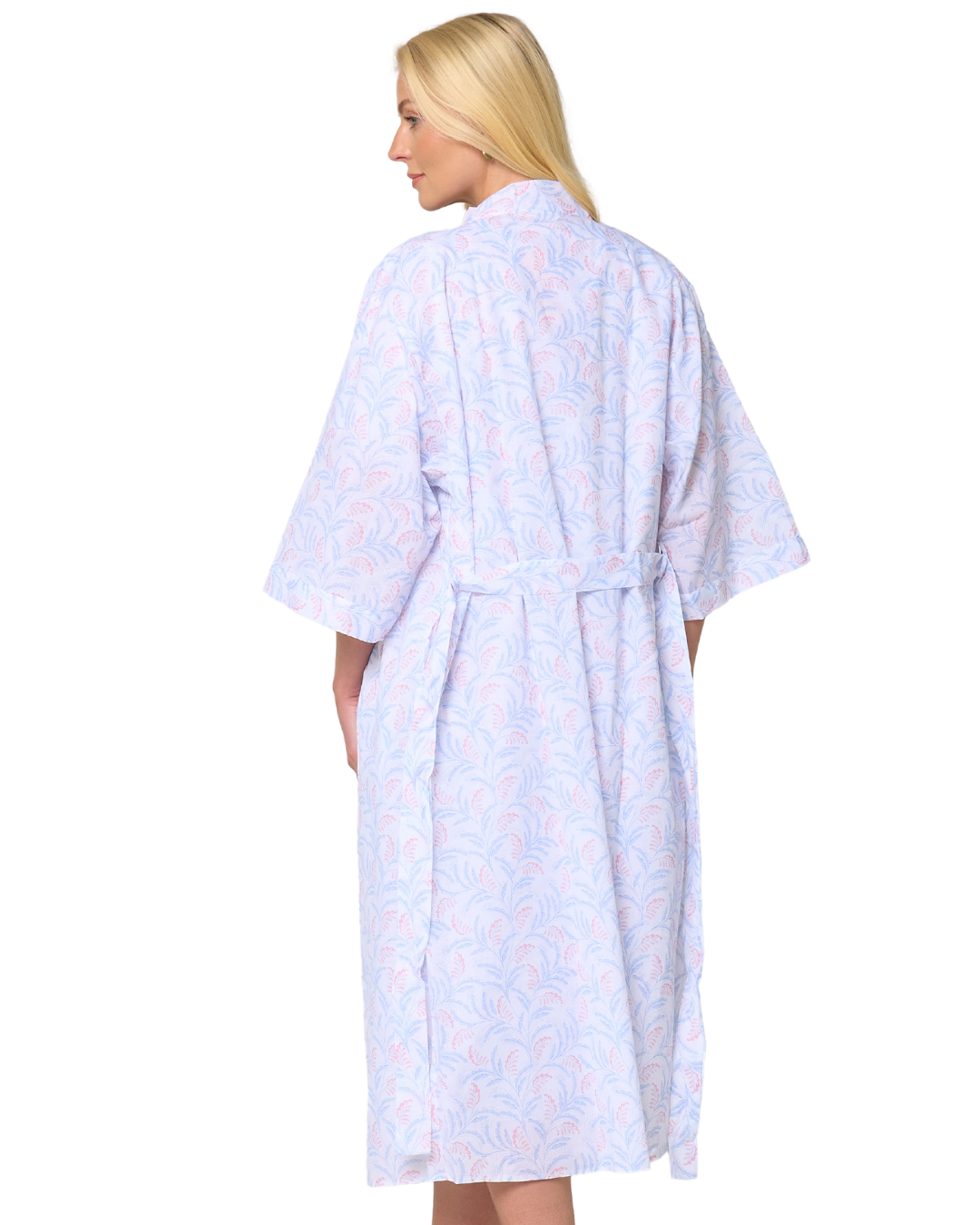 Women's Leaf Print Polycotton Lightweight 3/4 Sleeve Wrap Dressing Gown with Pockets