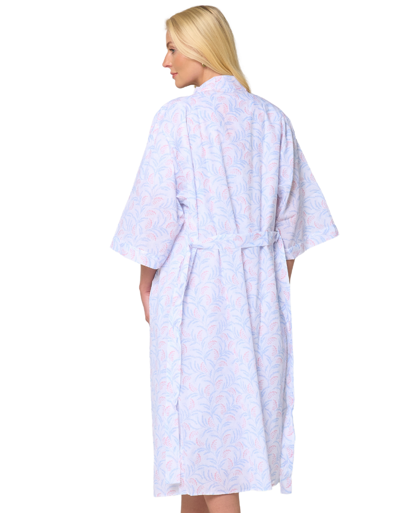 Women's Leaf Print Polycotton Lightweight 3/4 Sleeve Wrap Dressing Gown with Pockets