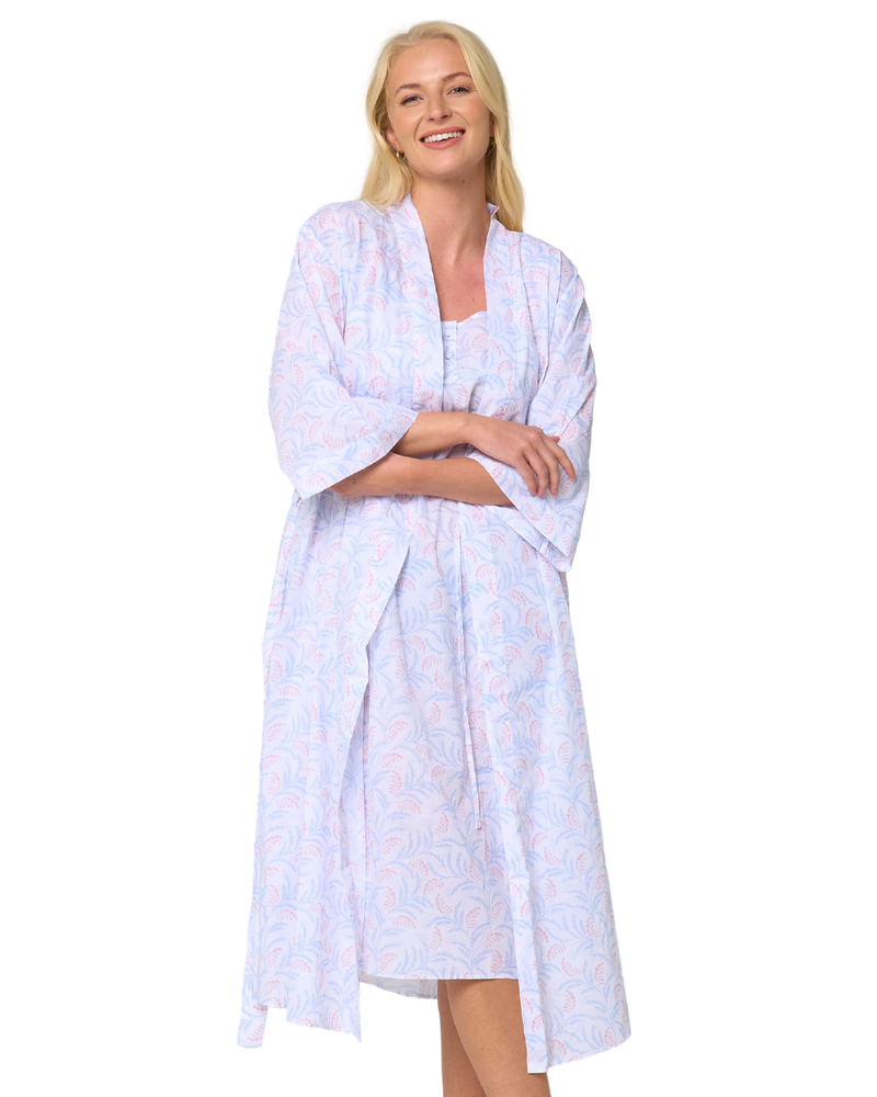 Women's Leaf Print Polycotton Lightweight 3/4 Sleeve Wrap Dressing Gown with Pockets