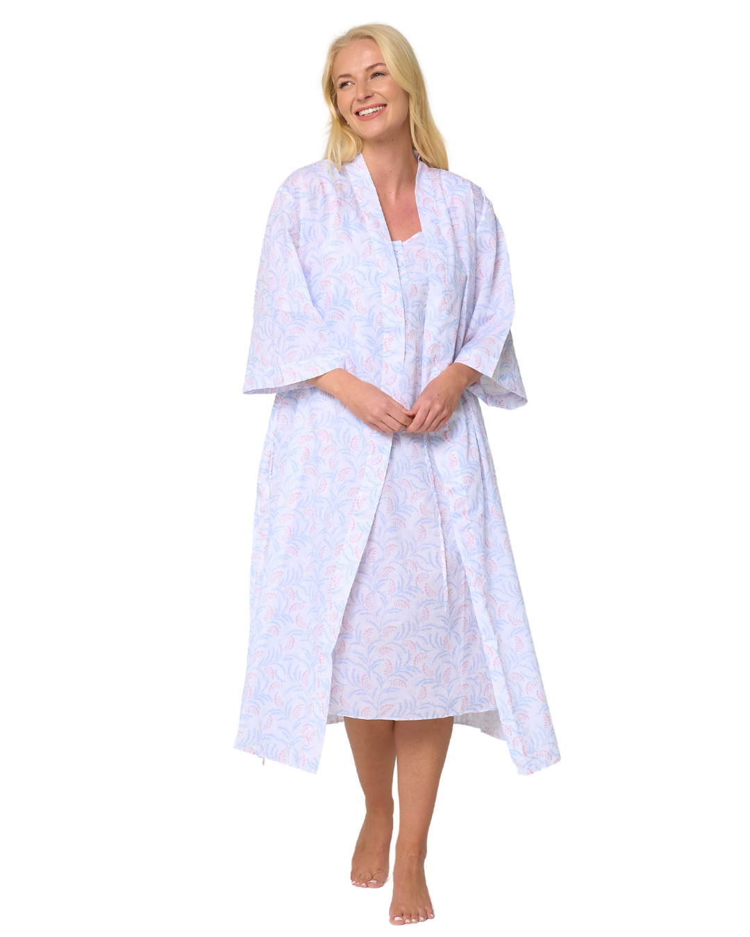 Women's Leaf Print Polycotton Lightweight 3/4 Sleeve Wrap Dressing Gown with Pockets
