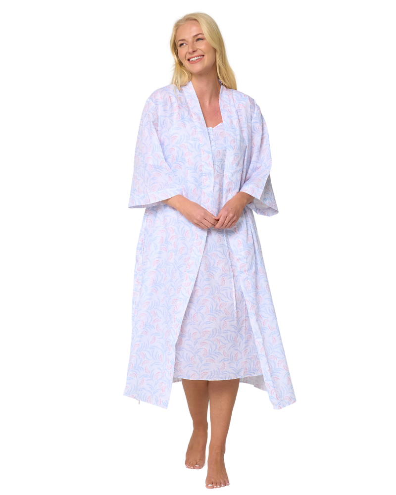 Women's Leaf Print Polycotton Lightweight 3/4 Sleeve Wrap Dressing Gown with Pockets