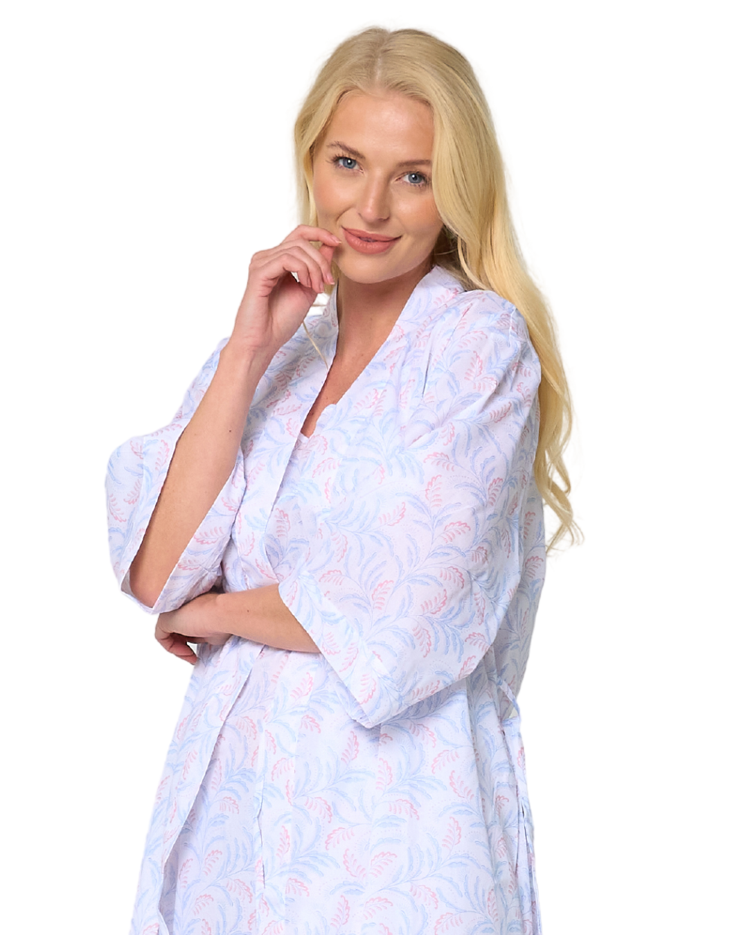 Women's Leaf Print Polycotton Lightweight 3/4 Sleeve Wrap Dressing Gown with Pockets
