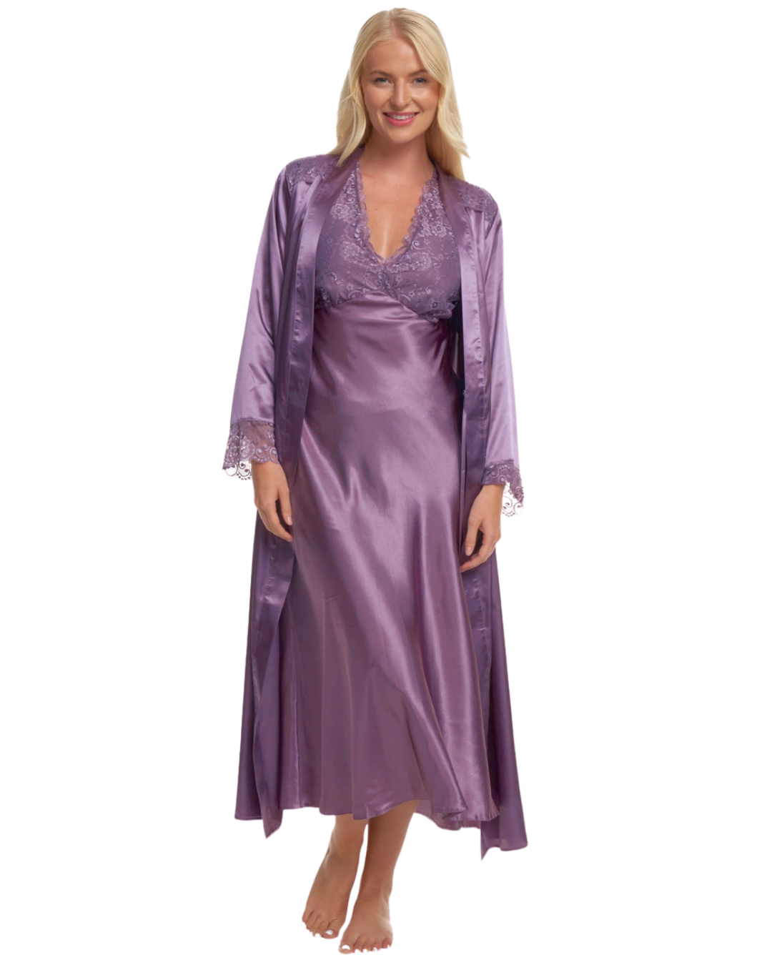 Women's Satin & Lace Wrapover Tie Waist Long Sleeve Dressing Gown