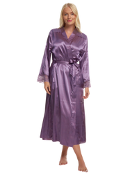 Women's Satin & Lace Wrapover Tie Waist Long Sleeve Dressing Gown