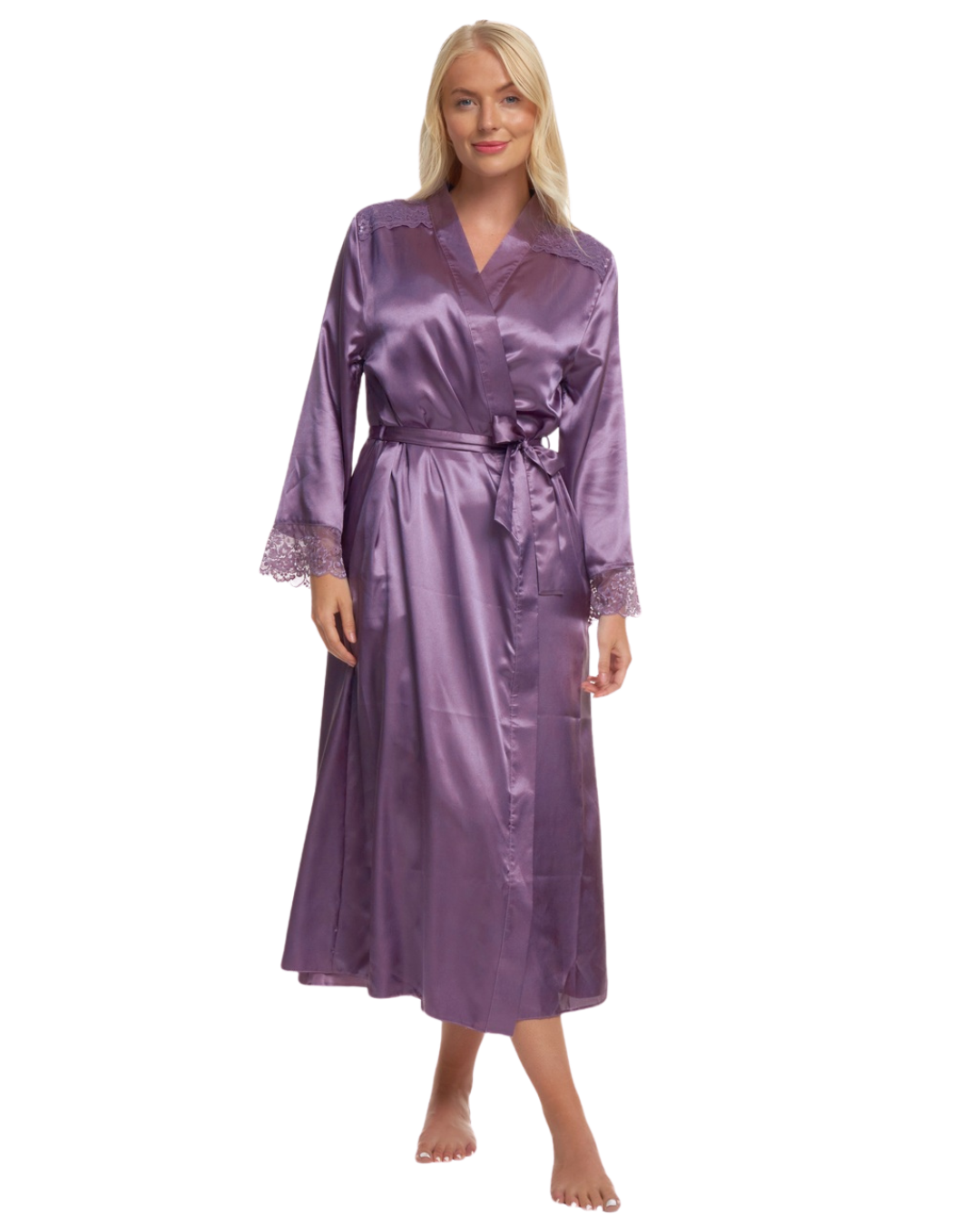 Women's Satin & Lace Wrapover Tie Waist Long Sleeve Dressing Gown