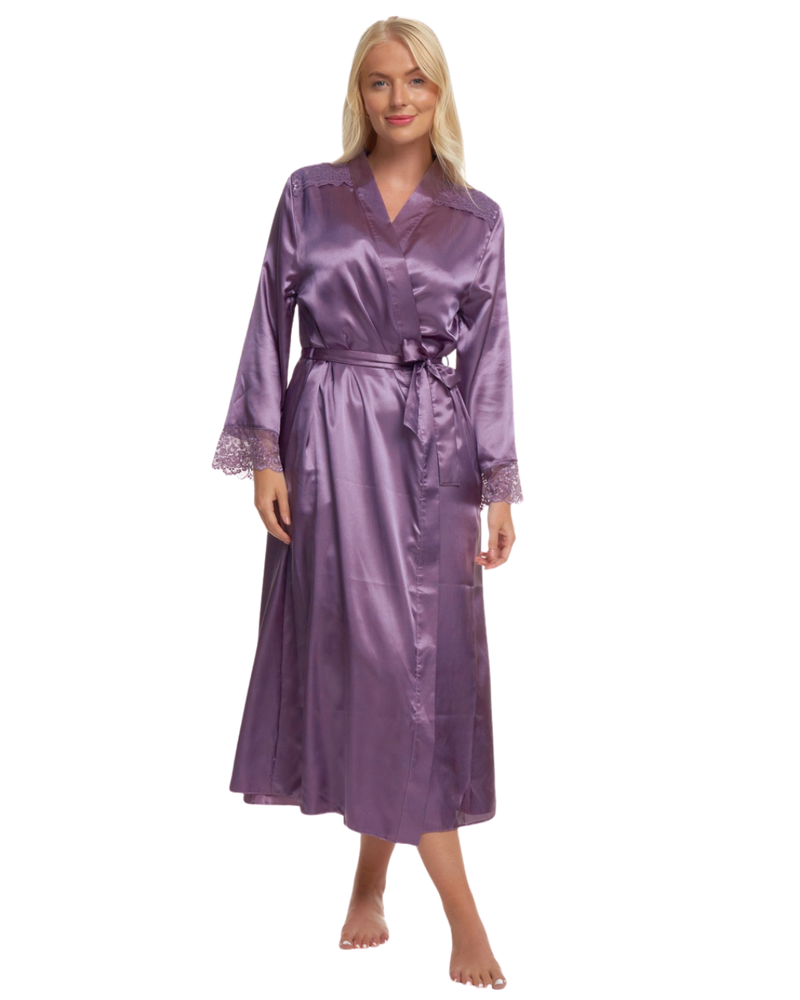 Women's Satin & Lace Wrapover Tie Waist Long Sleeve Dressing Gown