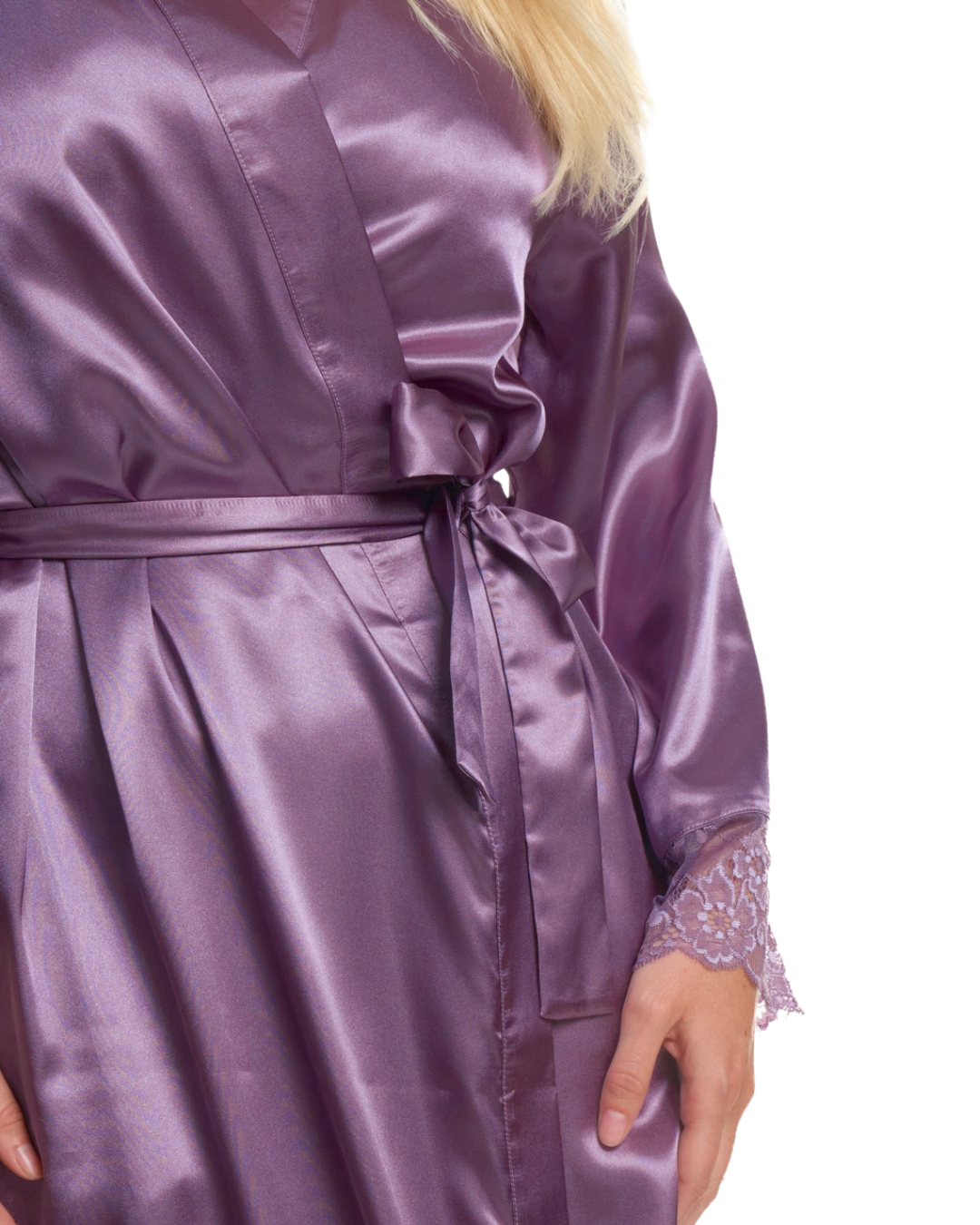 Women's Satin & Lace Wrapover Tie Waist Long Sleeve Dressing Gown