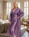 Women's Satin & Lace Wrapover Tie Waist Long Sleeve Dressing Gown