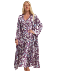 Women's Satin Printed Wrapover Tie Waist Long Sleeve Dressing Gown