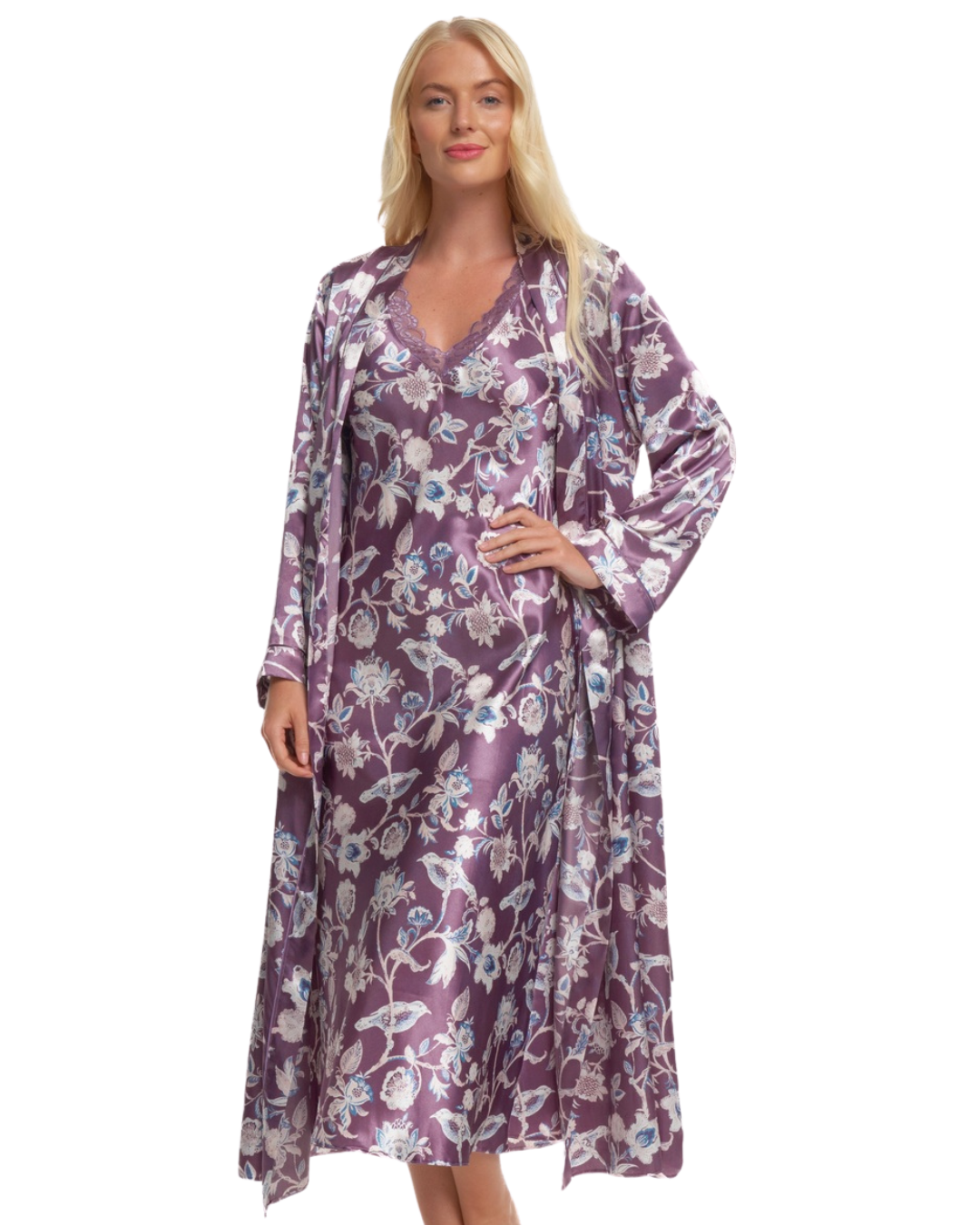 Women's Satin Printed Wrapover Tie Waist Long Sleeve Dressing Gown
