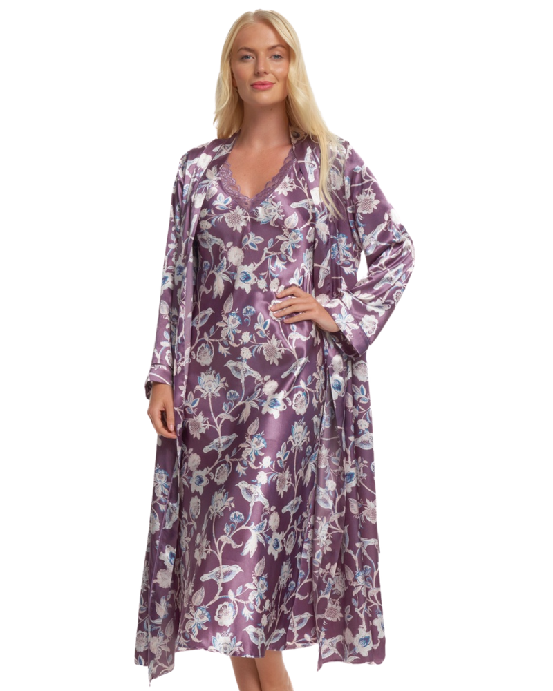 Women's Satin Printed Wrapover Tie Waist Long Sleeve Dressing Gown