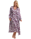 Women's Satin Printed Wrapover Tie Waist Long Sleeve Dressing Gown