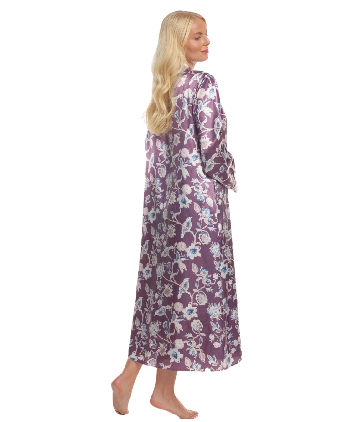 Women's Satin Printed Wrapover Tie Waist Long Sleeve Dressing Gown