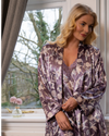 Women's Satin Printed Wrapover Tie Waist Long Sleeve Dressing Gown
