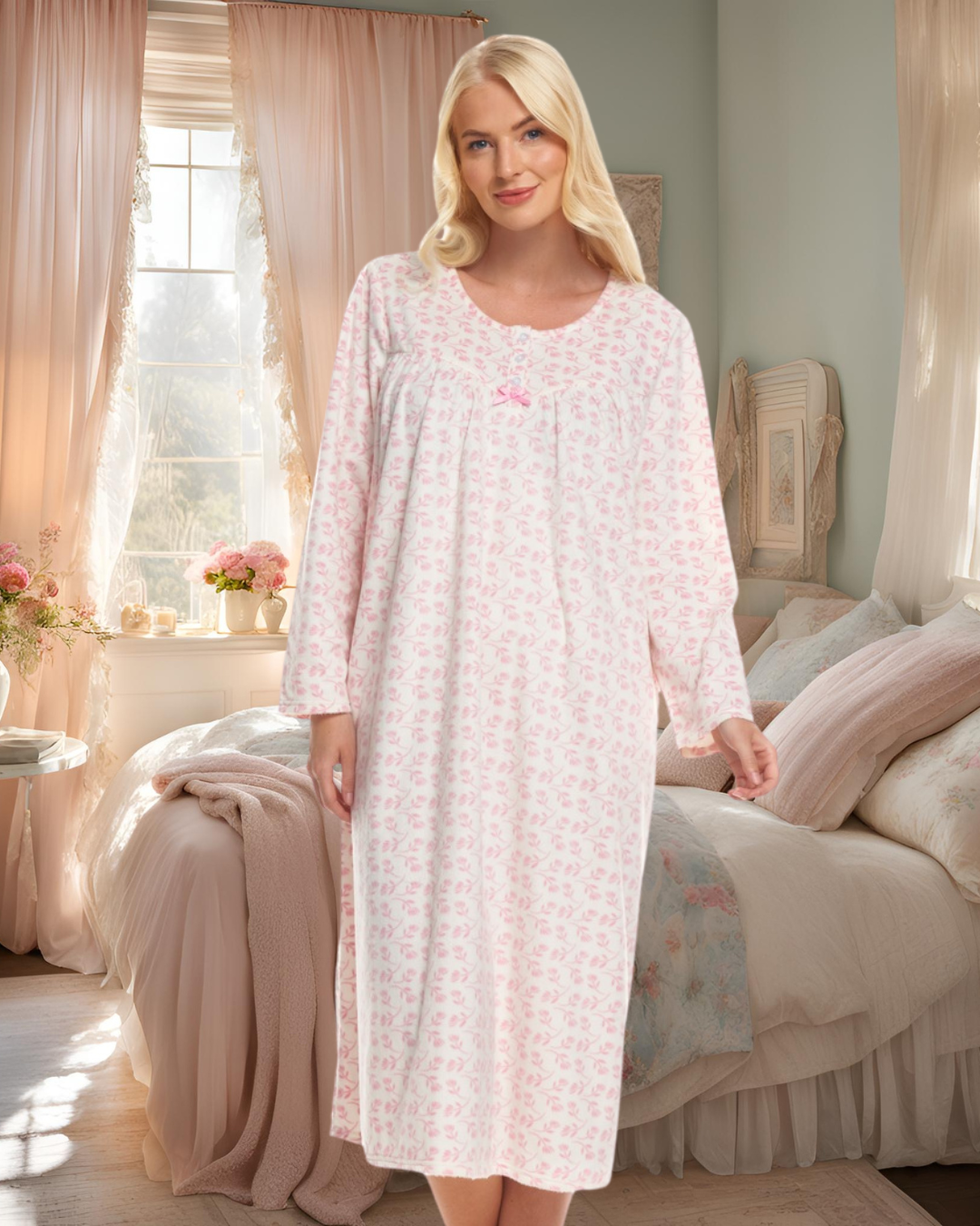 Long Sleeved Floral Fleece Nightdress