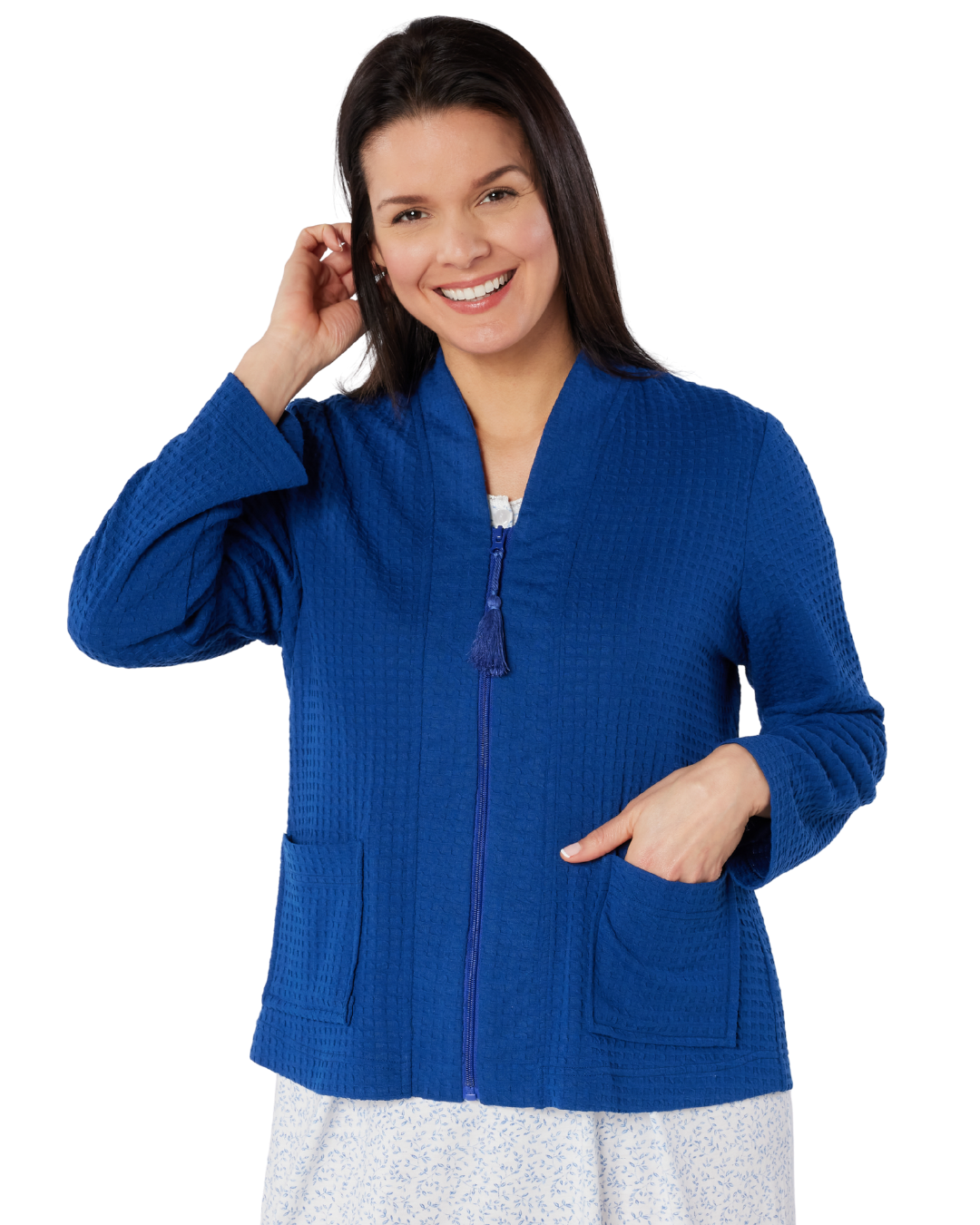 Women's Waffle Lightweight Long Sleeve Zip Bedjacket with Front Pockets